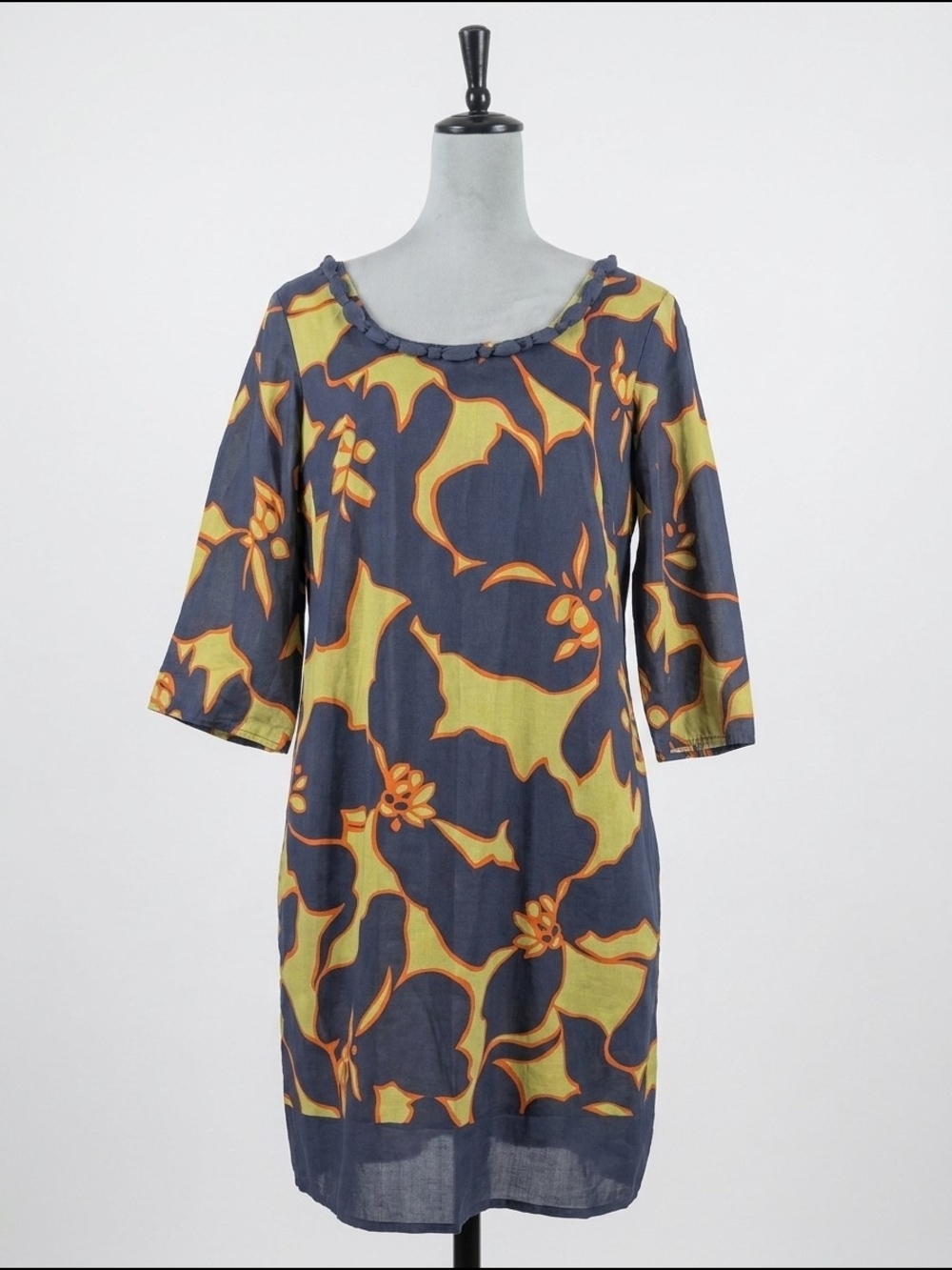 LOFT Navy Midi Dress‎ with Yellow and Orange Floral Motif